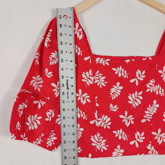 Ann Taylor, Top, Red with White Leaf Print, Square Neck, Puffed Sleeves, Size 8 - Picture 13 of 15